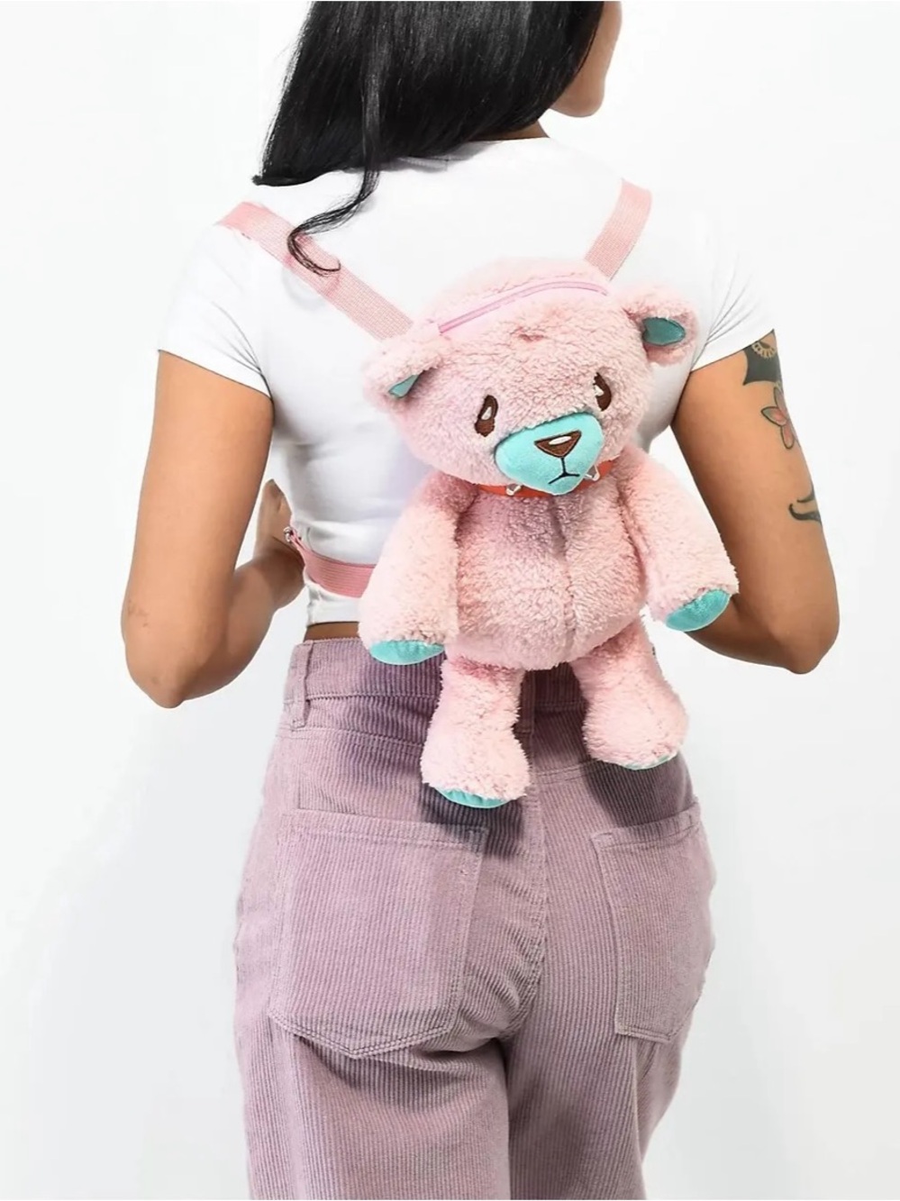 A. Lab pink  Plush Bear red studded Backpack for Women - Cute Soft Teddy Bag EDC
